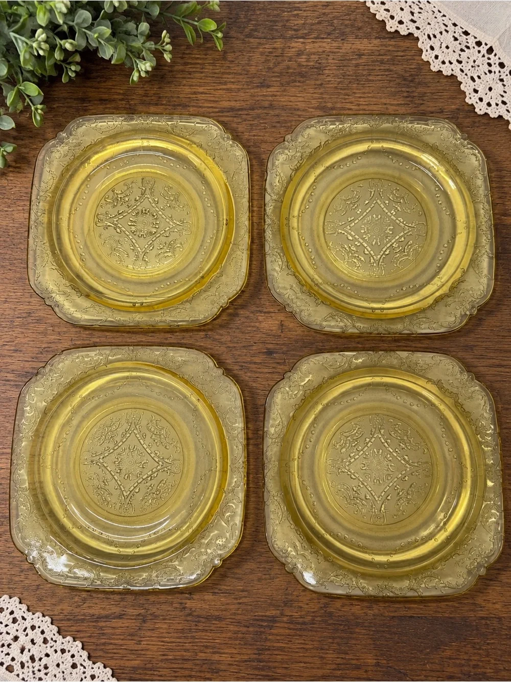 Vintage Amber Glass Dessert Plates Set of 4 Ornate Floral Scroll 6” Square